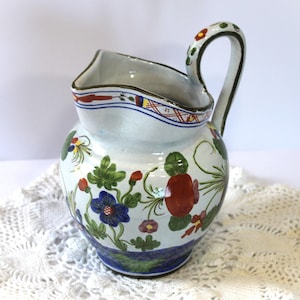 Vintage MCM Hand Painted In Italy Floral Pottery Pitcher 7"