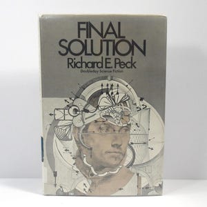May include: A vintage book titled "FINAL SOLUTION" by Richard E. Peck, published by Doubleday Science Fiction. The cover features a grayscale illustration of a man's face overlaid with technical diagrams and the book's title in bold, black font.
