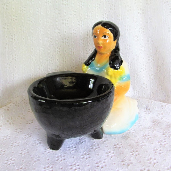 Vintage Shawnee Pottery (?) Woman with Cauldron Cache Pot Ceramic Figure