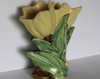 McCoy Pottery USA Double Tulip Vase Pastel Yellow & Green 8" Tall