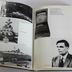 May include: A black and white photograph of a German Enigma machine, a device used for encrypting messages during World War II. The photo is accompanied by a caption that reads "The Enigma Machine: The German encryption device, which, in its most sophisticated version, provided 150,000,000,000,000,000,000 possible substitutions for each letter. The British decoded the first Enigma message in late 1939."