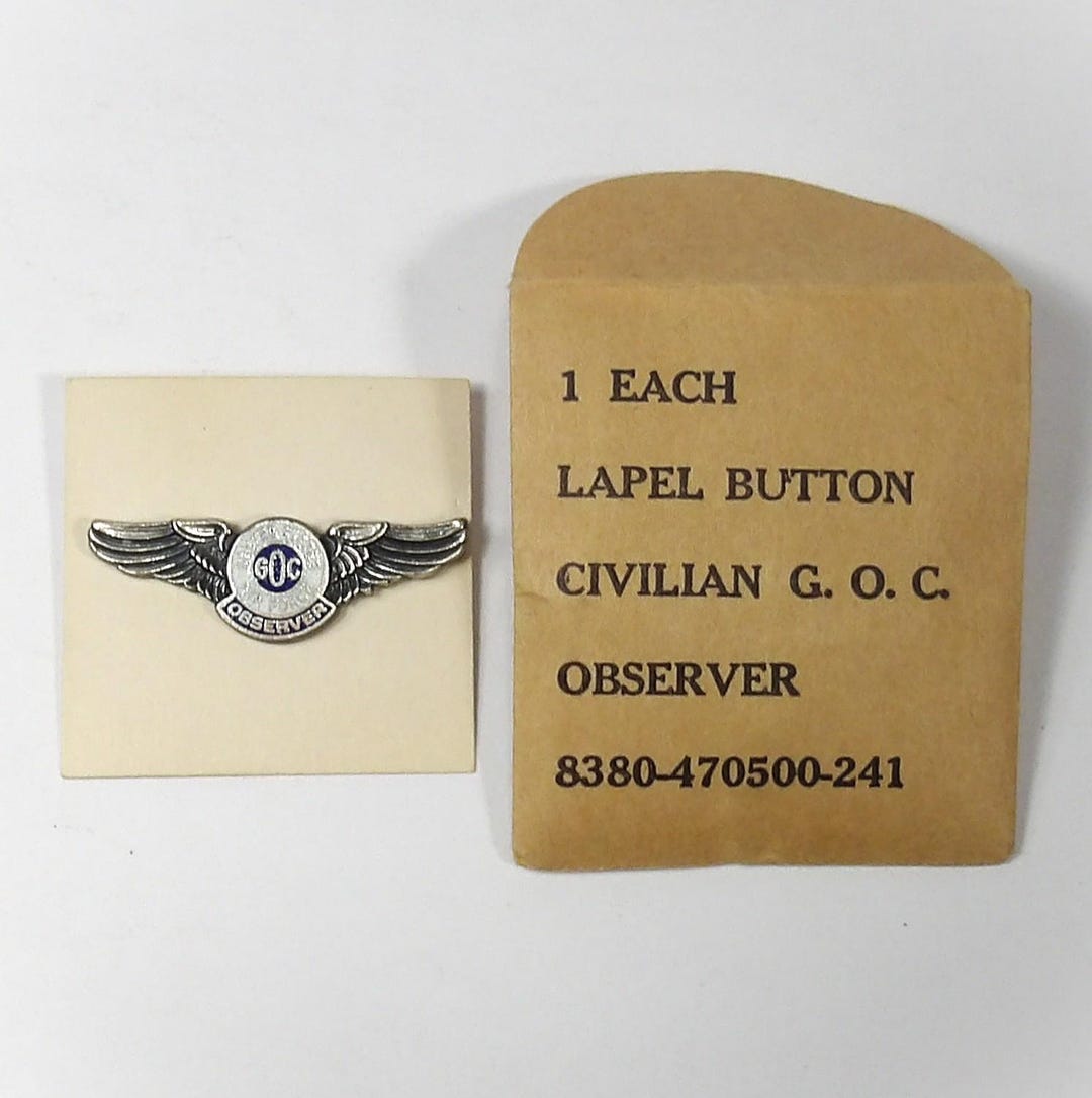 WW2 Era United States Air Force Civilian G.O.C. Observer Lapel Button ...