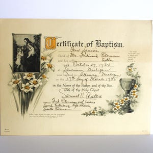 Certificado de bautismo de 1935 Fern Louisa Bethlehem Lutheran Congregation Calumet Michigan