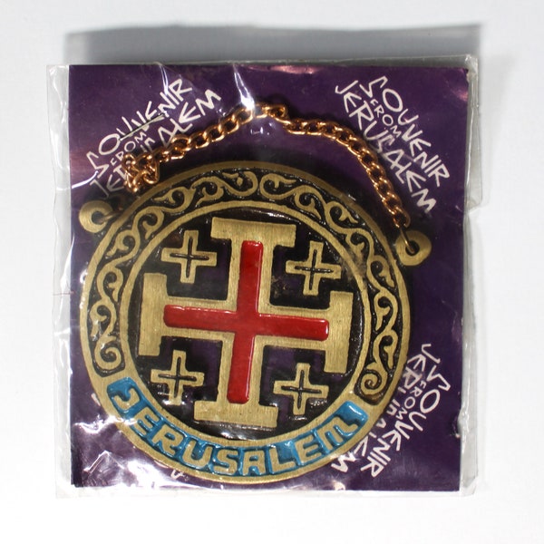 Vintage JERUSALEM CROSS Enameled Brass Souvenir Medallion ~ New!