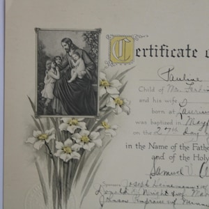 Certificado de bautismo de 1931 Paline Ann Bethlehem Lutheran Congregation Calumet Michigan