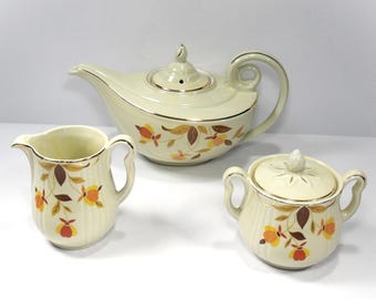 Vintage HALL'S SUPERIOR Mary Dunbar "Autumn Leaf" Jewel Teapot with Creamer & Sugar