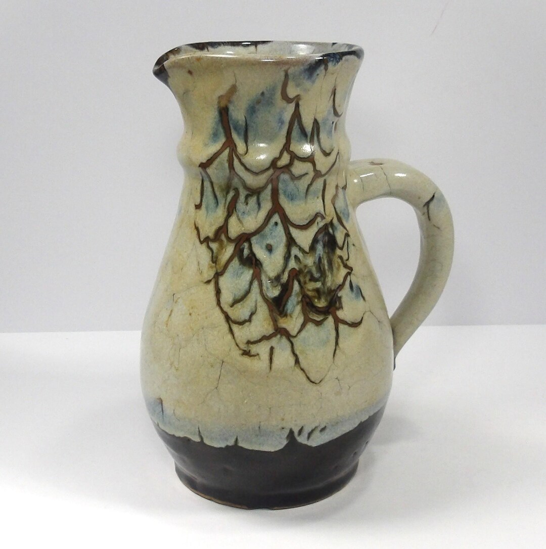 Vintage Drip Glazed Blue Brown Cream Pottery Pitcher Vase 8.5" - Etsy