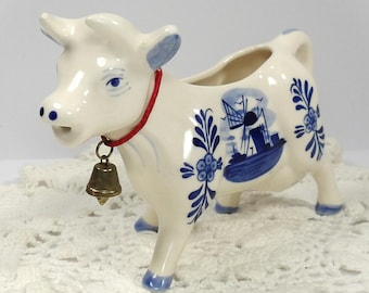 Vintage Hand Painted Delft Blue White Cow Creamer Mini-Pitcher 6.5"