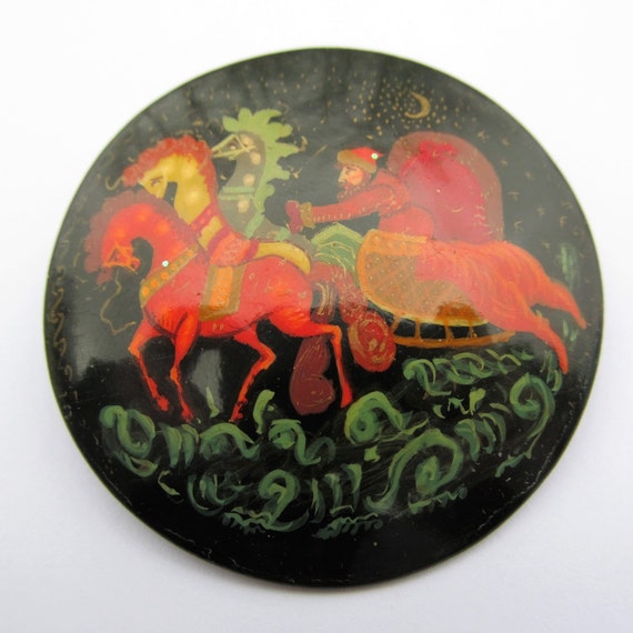 Vintage Traditional Russian Palekh Art Brooch Pin… - image 1