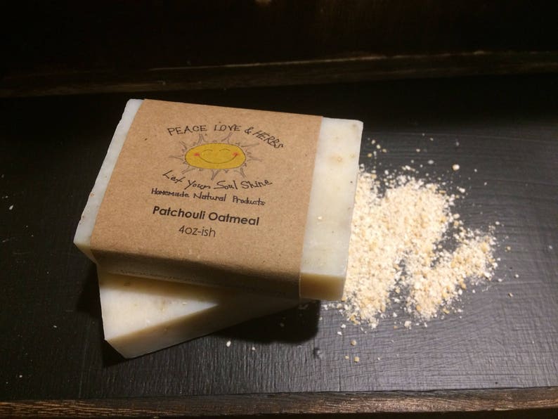 PATCHOULI OATMEAL homemade all natural soap, homemade soap, natural soap, patchouli soap, oatmeal soap, 4 ounce bar give or take image 1