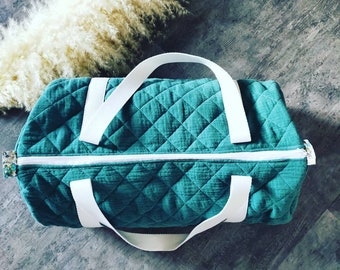 multifunctional bag in double quilted gauze eucalyptus green, travel bag, diaper bag, sports bag, weekend bag, French manufacture