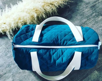 duck blue quilted double gauze multifunction bag, travel bag, changing bag, sports bag, weekend bag, French manufacture