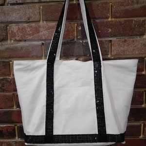 handbag white tote bag size M, with black glitter handles, Vanessa Bruno inspiration, gift idea, handmade design