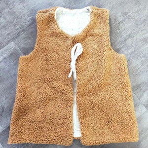 shepherd vest in faux fur camel and double gauze ecru and dore, different adult sizes, handmade and French manufacture, fashion
