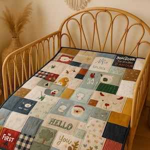 Può includere: Una trapunta patchwork per bambini con vari disegni di animali e testo in una culla. La trapunta presenta quadrati con orsi, cervi e altri personaggi, insieme alle parole "HELLO" e "YOU". La culla è in vimini marrone chiaro.