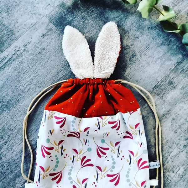 sac à dos pochon en coton et double gaze et oreilles de lapin, fait main et fabrication française, rentrée scolaire, nounou, créche, paques