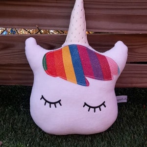 Plush Unicorn for child or baby white velvet and fringe leather Rainbow
