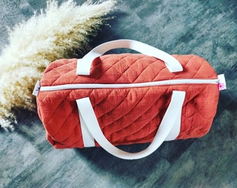 multifunctional bag in double quilted marsala gauze, travel bag, diaper bag, sports bag, weekend bag, French manufacturing