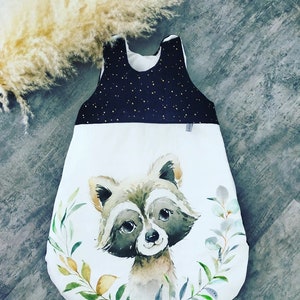 Baby sleeping bag different sizes raccoon theme and black and gold double gauze, birth gift, maternity, decoration, baby sleeping bag