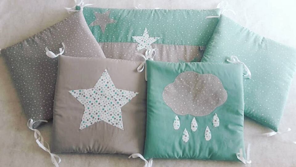 Tour de Lit Bébé Mint/Gris , Création Fait Main , Idéal Cadeau Naissance ou Pour Liste Naissance