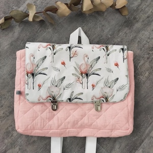 Kindergarten bag in double quilted powder pink gauze plain pink flamingo pattern customizable