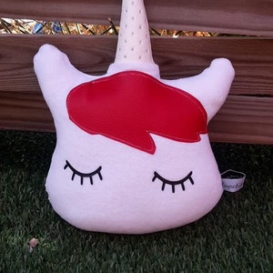 Plush Unicorn for baby or child white velvet and fringe in red imitation leather