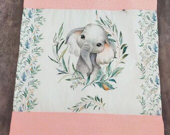 Baby blanket plaid or fleece version, dimension 80X120 cm elephant theme and double gauze pink and golden peas, French manufacture