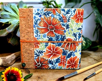Floral Sketchbook Handmade, Botanical Artist Sketchbook with Cotton Rag Paper, Fabric Bound Journal, Original Watercolor Notebook, Art Gift