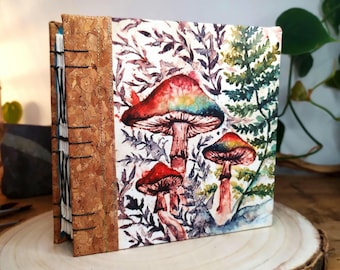 Handmade artist gift, watercolour sketchbook with mushroom design, handbound fabric hardcover art journal with cotton rag paper
