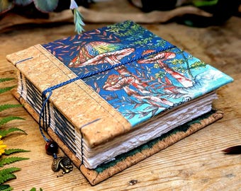 Handmade mushroom sketchbook with cotton rag pages, handbound fabric cover watercolour journal, artist gift for creatives and nature lovers