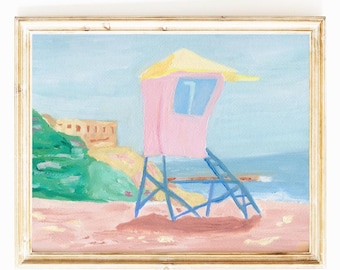 Lifeguard Station Art Print: Coastal Oil Painting on Savoy Cotton