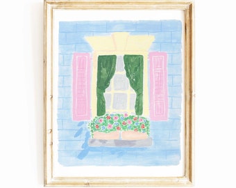Ethereal French Window Gouache Painting Art Print, Watercolor, Home Decor, Parisian Paris