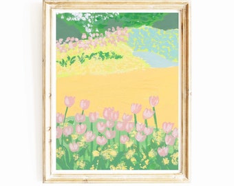 Tulips in Spring Art Print | Nature Wall Art | Landscape Painting | Botanical Art | Wildflower Poster | Living Room Print | Home Decor