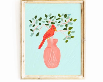 Cardinal Bird Wall Art | Flora Fauna Painting | Wall Decor | Gouache Watercolor Painting | Art Print | Nature Art