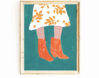 Texas Boots Wall Art | Red Boots Fashion Painting | Wall Decor | Gouache Watercolor Painting | Art Print | Western Art