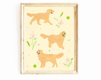 May include: A framed illustration of three golden retrievers playing fetch in a field of flowers. The dogs are depicted in a cartoon style with simple lines and bright colors.
