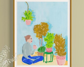 May include: A painting of a person sitting on the floor with a cup of coffee in their hand. The person is surrounded by plants in pots, including a hanging plant. The background is a light blue color.