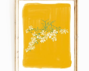 Daisies Art Print: Mustard Yellow Floral Painting, Spring Decor