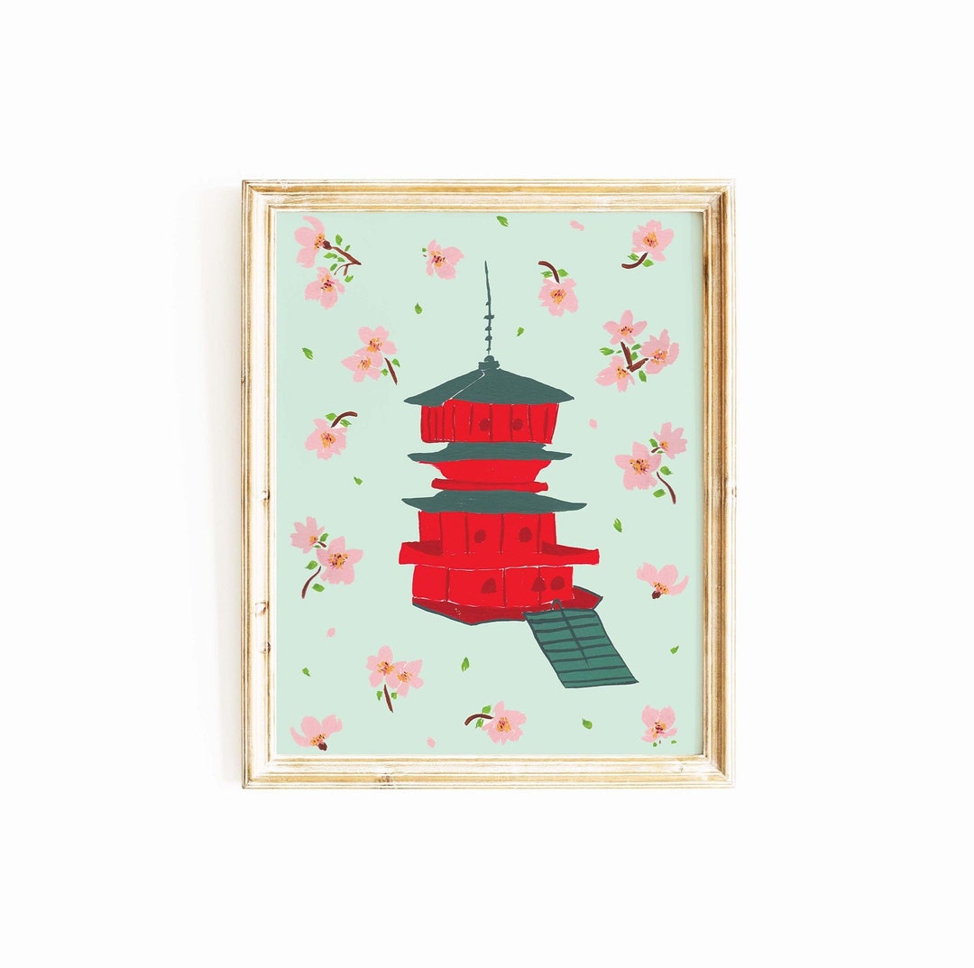 Japanese Temple Wall Art | Cherry Blossom Painting | Wall Decor ...