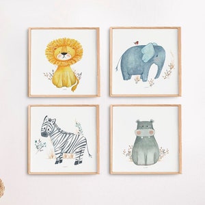 Láminas infantiles:  Animales de la selva, decoración habitación bebé, decoración estilo nórdico infantil.  Láminas en acuarela para niños.
