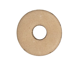 May include: A beige leather washer with a round hole in the center.