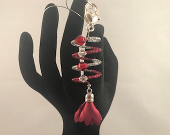 Purse charm, zipper pull, purse accessory, red and crystal, Purse Bloing