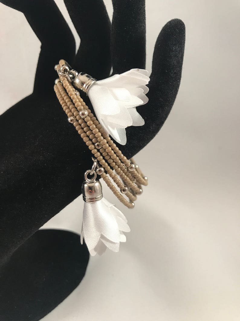 Tan matte bead memory wire wrap bracelet White satiny flowers image 2