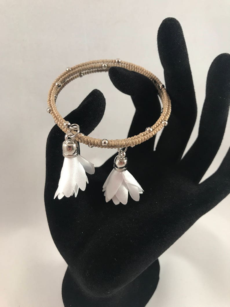 Tan matte bead memory wire wrap bracelet White satiny flowers image 1