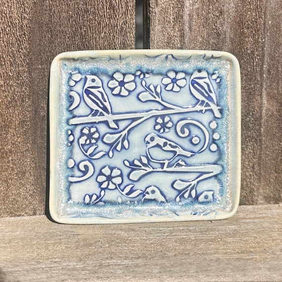Handmade bird soapdish, small bird on branch trinket tray