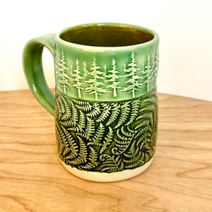 Fern and tree mug, ferns and trees, fern mug, tree mug, handmade mug, coffee mug, 14 oz mug