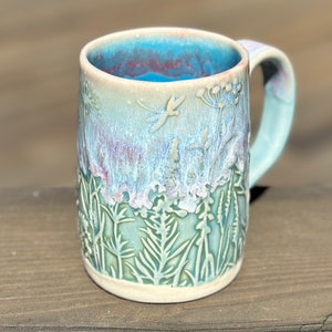 Spring mug, plant mug, dragonfly mug, handmade mug, coffee mug