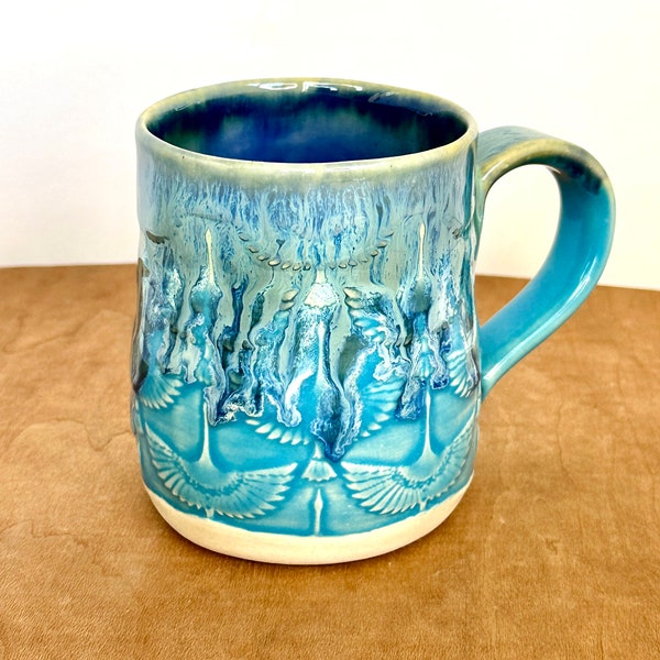 Crane mug, bird mug, bird pattern, textured mug, handmade mug, coffee mug, blue mug