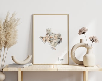 Texas Digitaler Kunstdruck für Wandkunst Herunterladbarer Druck Texas State Wanddekor Digitaldruck Wohnkultur Blumenkunstdruck