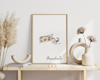 Massachusetts Digital Art Print Wall Art Downloadable Print for Massachusetts State Wall Decor Digital Print for Home Decor Floral Art Print